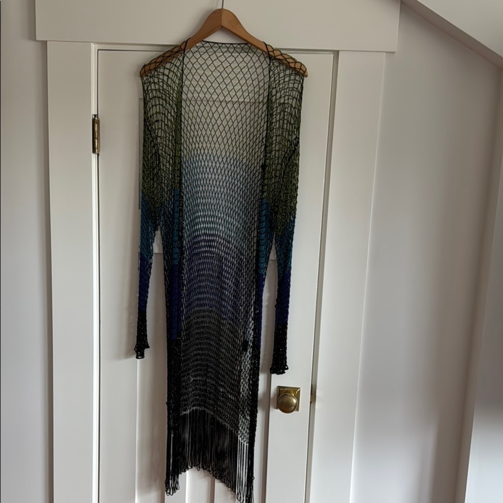 Vintage Beaded Fringe Netted Duster Cardigan Cover Up - Picture 2 of 15